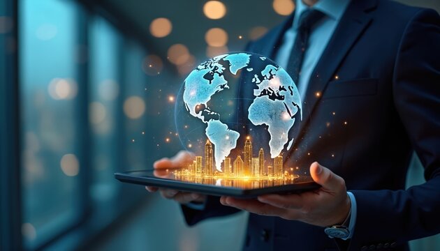 Businessman holds tablet displaying digital globe with glowing city skyline. Global business trends, data visualization, tech innovation, market analysis are represented in this digital environment.