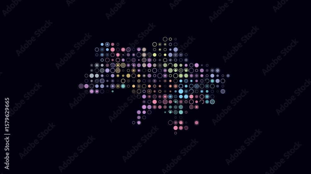 Poster ukraine dotted animation. shape of the country build of pulsating colored dots. large size circle bl