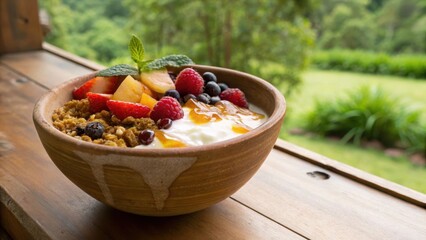Fresh Fruit and Yogurt Bowl with Granola on Wooden Table Outdoor