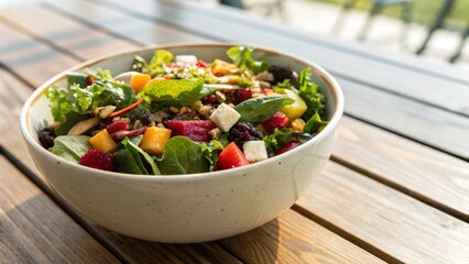 Fresh Colorful Salad in White Bowl on Wooden Table Outdoors