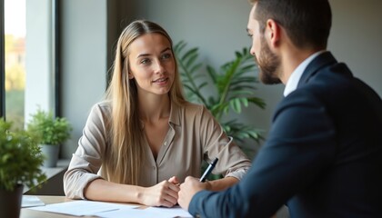 Woman agent consults client on lease terms, home purchase, and insurance details. Focus on contract signing, financial advising, and real estate negotiation for future homeowners and investors.
