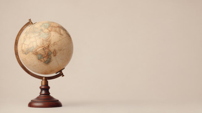 A vintage-style globe with a wooden stand is positioned on a plain surface against a neutral beige background.