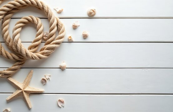Top view of thick nautical rope coiled on a white wooden deck with scattered seashells and a starfish. Light-colored background with plenty of copy space evokes a summer beach or coastal theme.