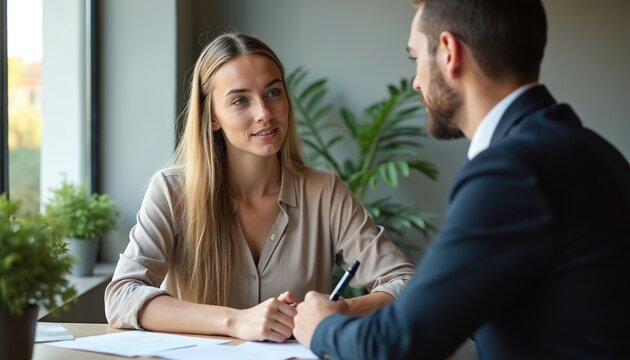 Woman agent consults client on lease terms, home purchase, and insurance details. Focus on contract signing, financial advising, and real estate negotiation for future homeowners and investors.
