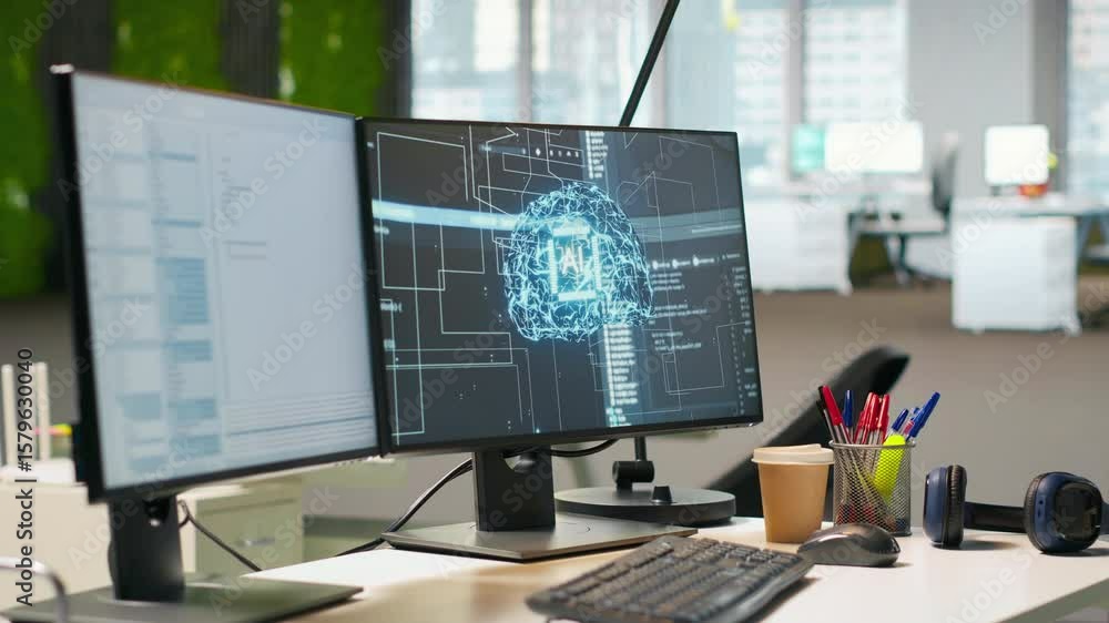 Poster Empty startup office with artificial intelligence program running on PC monitors used by programmers. AI industry startup workspace leveraging machine learning technology