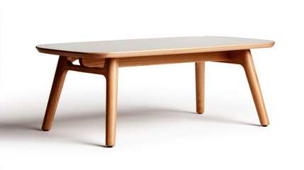 A modern, minimalist wooden table with smooth edges and tapered legs, showcasing natural wood grain on a clean white background.