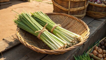 Fresh Green Onions Bundled and Displayed in a Rustic Basket