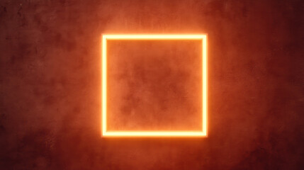A glowing orange neon square mounted on a textured dark wall, creating a modern and minimalist light art installation.