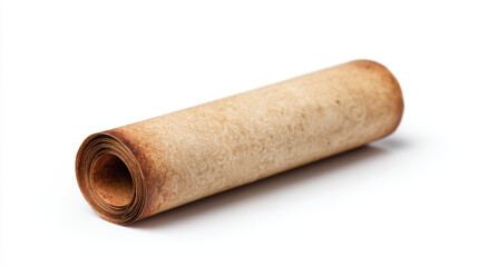 Fototapeta premium A rolled parchment with intricate patterns on a white background, suggesting vintage or antique style paper for writing or decoration.