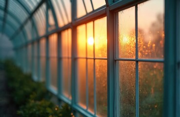 Greenhouse windows filter warm sunset sunlight, casting soft glow. Foggy atmosphere enhances climate adaptation theme. View suggests agriculture, botany, sustainable future growth in horticulture.