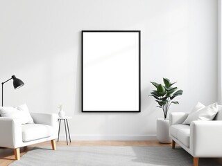 Interior design featuring a blank framed poster, white armchairs, and a potted plant on a gray rug