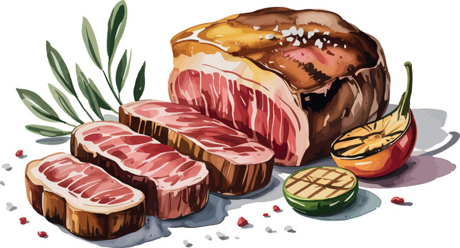 A watercolor illustration of Brazilian picanha steak, sliced into thick, juicy pieces with a crisp fat cap