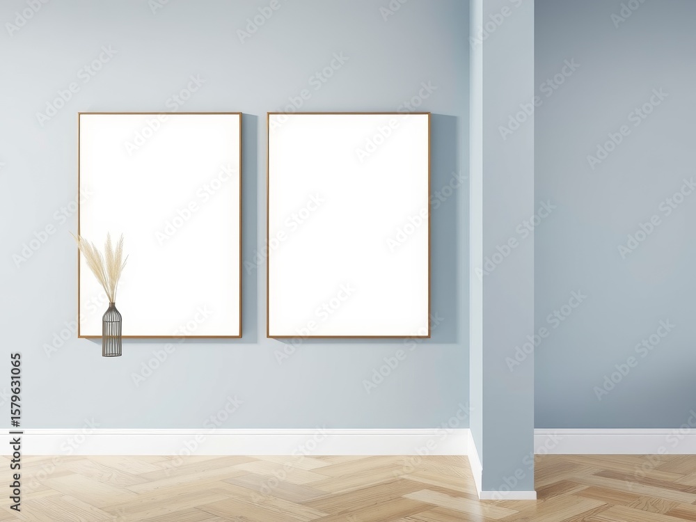 Poster two blank frames on a wall with a vase of pampas grass in a minimalist interior setting for mockup u