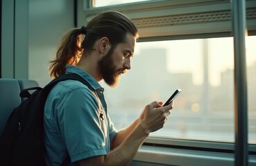 Man with phone rides skytrain, urban transport. Young adult uses smartphone, texting in transit. Casual attire, backpack, looking out window. Daily commute, metropolitan travel.