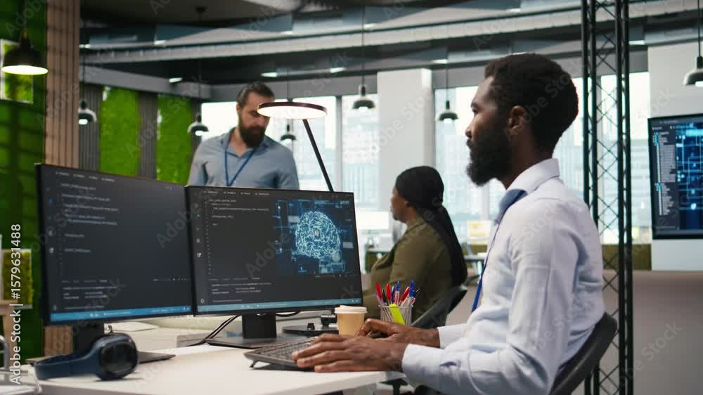 Poster computer scientist using ai on computer to optimize performance and forecast issues. african america