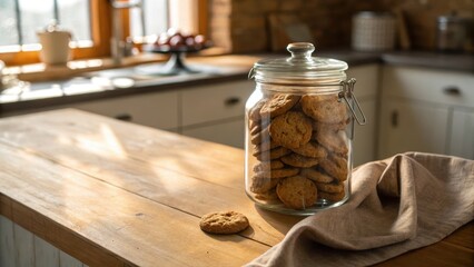 Freshly Baked Cookies in Glass Jar on Wooden Kitchen Table