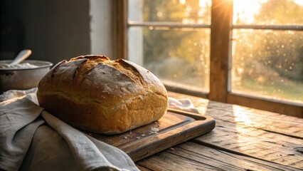 Freshly Baked Bread on Wooden Table by Sunlit Window
