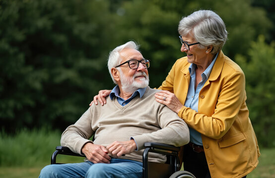 Happy senior couple enjoys a sunny day in the park. Wife lovingly pushes husband in wheelchair, sharing a warm glance. Their connection shows care, support, and enduring love.