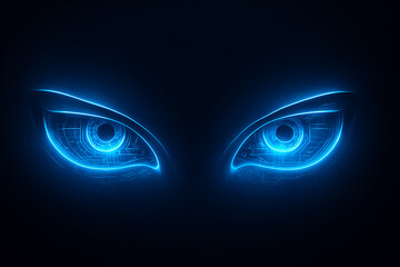 Cybernetic Eyes: Glowing Blue Digital Eyes in Dark Background, Futuristic Sci-Fi Concept
