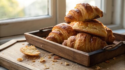 Freshly Baked Croissants on Wooden Tray by Bright Window Light