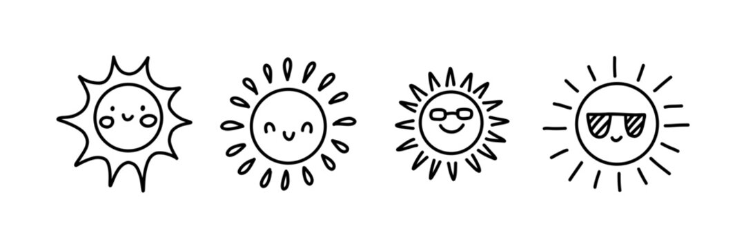 Cute hand drawn sun icons set. Cartoon doodle style smiling suns with different faces and sunglasses. Fun summer design for kids, stickers, planners, cards, and digital projects.