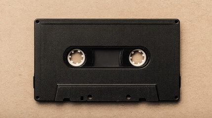 Obraz premium A black audio cassette tape placed on a textured beige surface, showcasing the classic retro music storage medium.