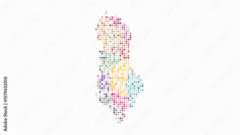 Poster albania dotted animation. shape of the country build of pulsating colored dots. small size rounded s
