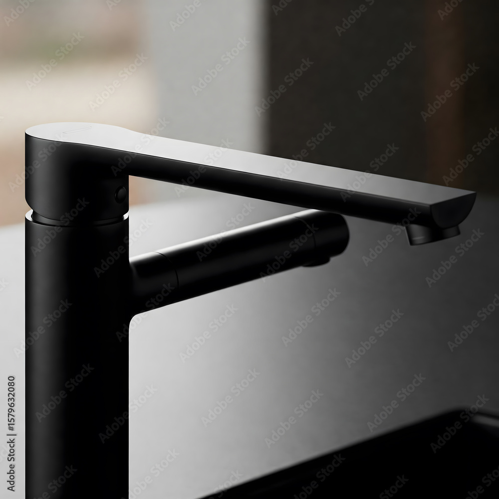 Aufkleber a modern single-handle black faucet with a flat spout is shown in a close-up view on a dark surface.