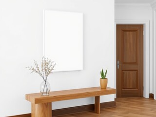 Interior scene with a blank canvas above a wooden bench and a door in the background space is minimal