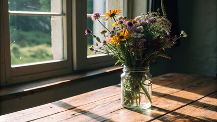 Freshly Picked Wildflowers in a Glass Jar on a Wooden Table