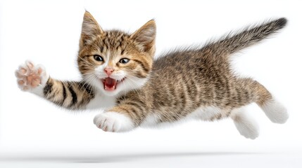 Obraz premium Playful tabby kitten leaping forward with open mouth and stretched paws on white background