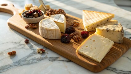 Gourmet Cheese Platter with Nuts and Dried Fruits on Marble Board