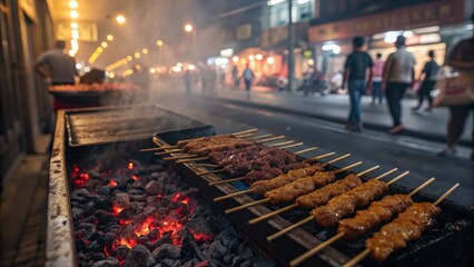 Grilled Meat Skewers on a Street BBQ Stall at Night Market Scene
