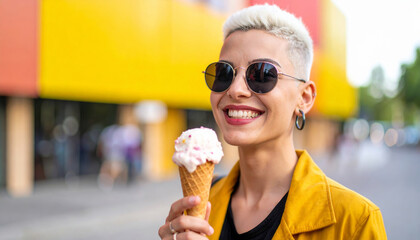 Joven con gafas y actitud relajada disfruta su helado al atardecer, expresión auténtica y luminosa que transmite felicidad, libertad y placer en un día de verano