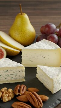 Cheese platter with fruits and nuts. Gourmet appetizer with blue cheese, brie, pears, grapes, figs, and assorted nuts on a slate board.