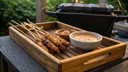 Grilled Skewers with Peanut Sauce and Side Dish on Wooden Tray