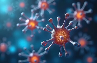 Microscopic view of virus particles with glowing orange cores, blue spiky structures. Resemble pathogenic bacteria viral agents, science research, medical study cellular biology visualization for