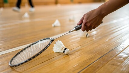 Hand Holding Badminton Racket on Wooden Court Floor with Shuttles