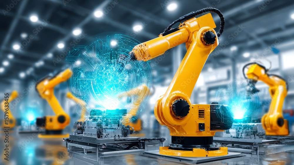 Poster robotic automation revolutionizing modern factory operations and manufacturing processes