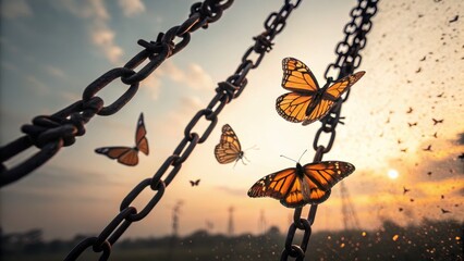 Butterflies Alighting on Chains During Sunset in Serene Landscape