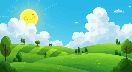 Obraz premium Cartoon scenic landscape with rolling green hills, trees and smiling sun