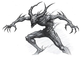 Sketch of crouching horned demon creature
