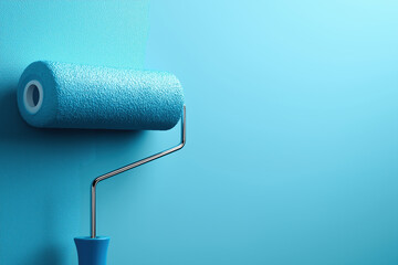 Obraz premium Painting a bright blue wall with a roller in a cozy interior setting