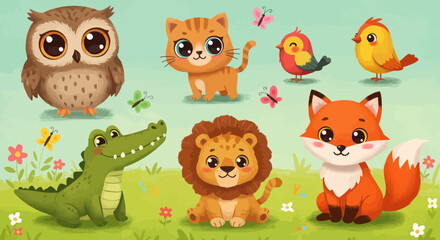 Charming Cartoon Animals Illustration: Owl, Cat, Birds, Crocodile, Lion, and Fox Together