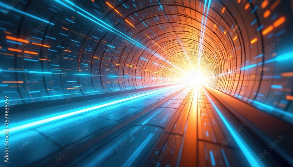 Poster abstract concept illustration of a digital future and high-speed data tunnel. dynamic perspective wi