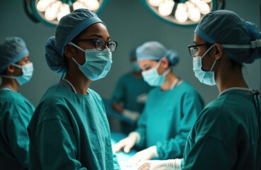 African American female surgeon leads medical team in operating room. Diverse group wears masks, gowns, goggles. Focused on urgent care, surgery. Cinematic, dramatic lighting highlights clinic