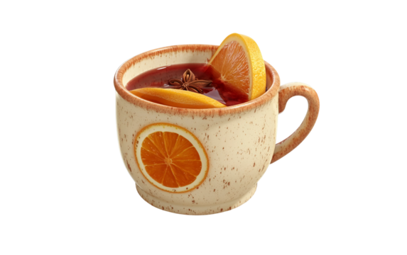 Flat vector illustration of freshly brewed mulled wine served with a vibrant orange slice symbolizing warmth and festive seasonal flavor isolated on transparent background PNG - Powered by Adobe