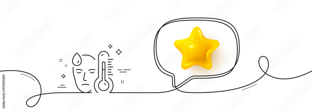 Poster sick man with fever line icon. continuous line with 3d star. temperature thermometer sign. flu illne