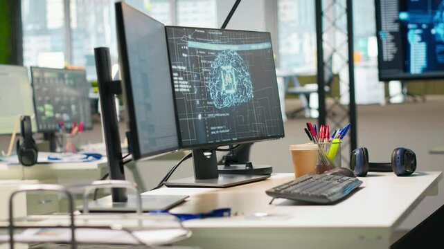 PC in startup office used to design and implement algorithms enabling deep learning coding. Tech unicorn venture workplace with computer used to conduct code reviews to fix bugs, handheld camera shot