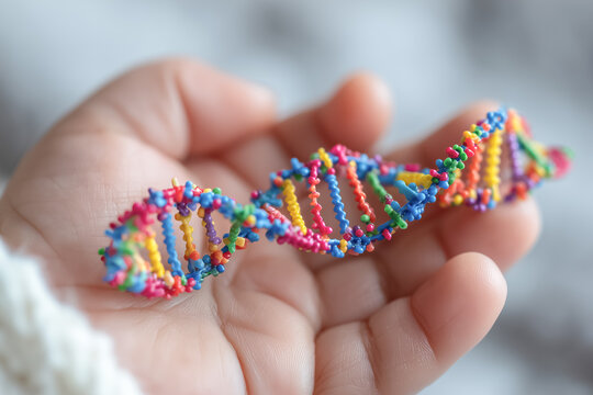 DNA model in the hands of a baby, representing genetic engineering technology. - Powered by Adobe